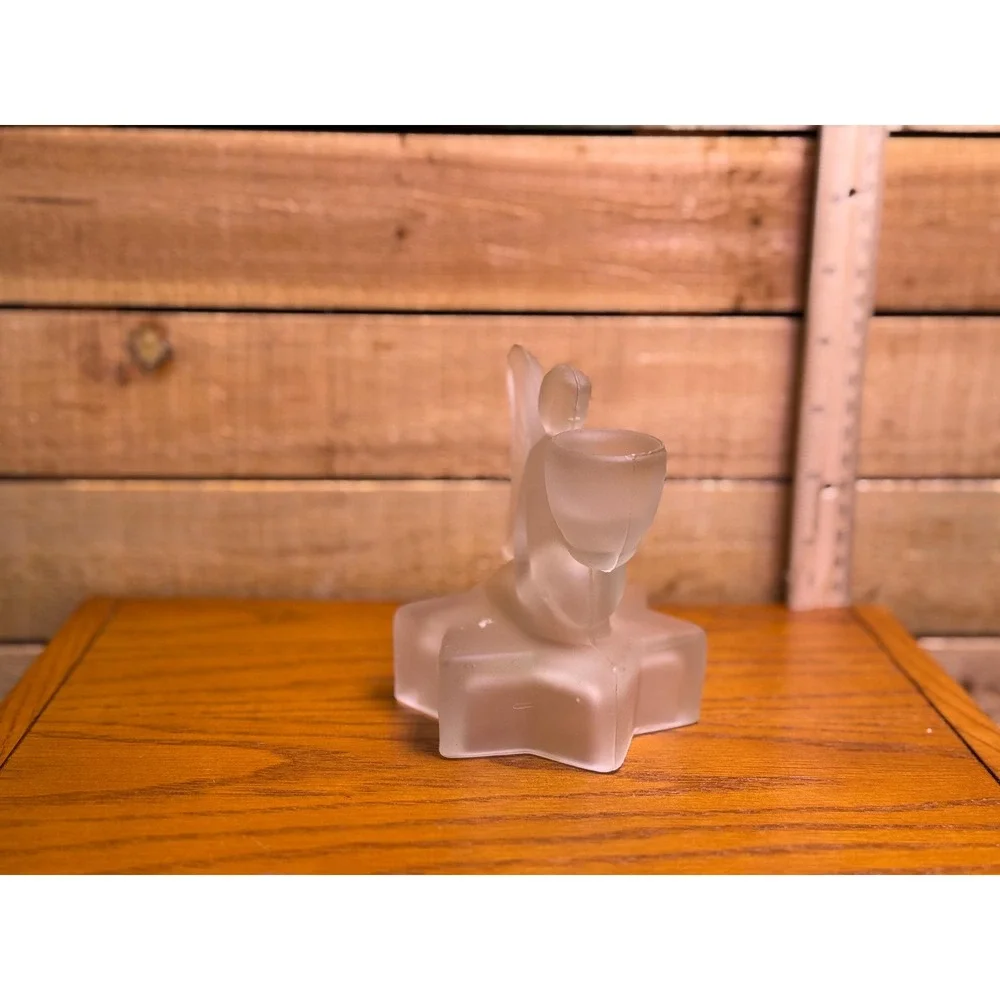 Vintage Frosted Glass Angel on Star Candlestick Holder 4.5 in